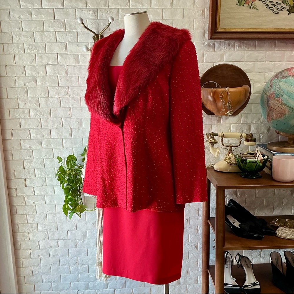 Vintage St. Anthony Red Maximalist Dramatic Fur Collar and Ornately Beaded Coat